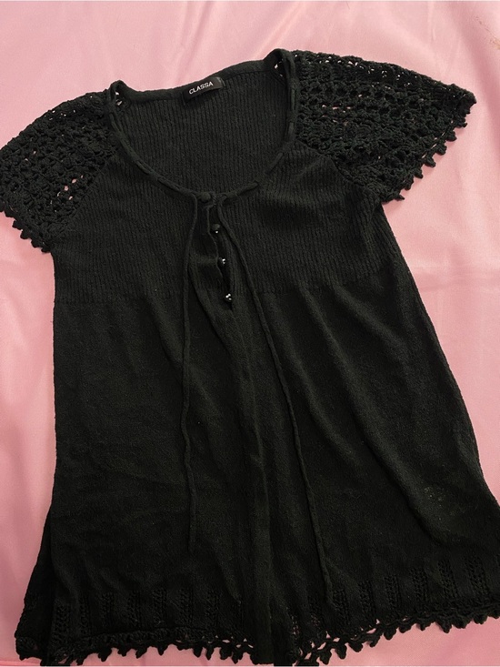 Classa Tops - Black Crochet Babydoll Cardigan